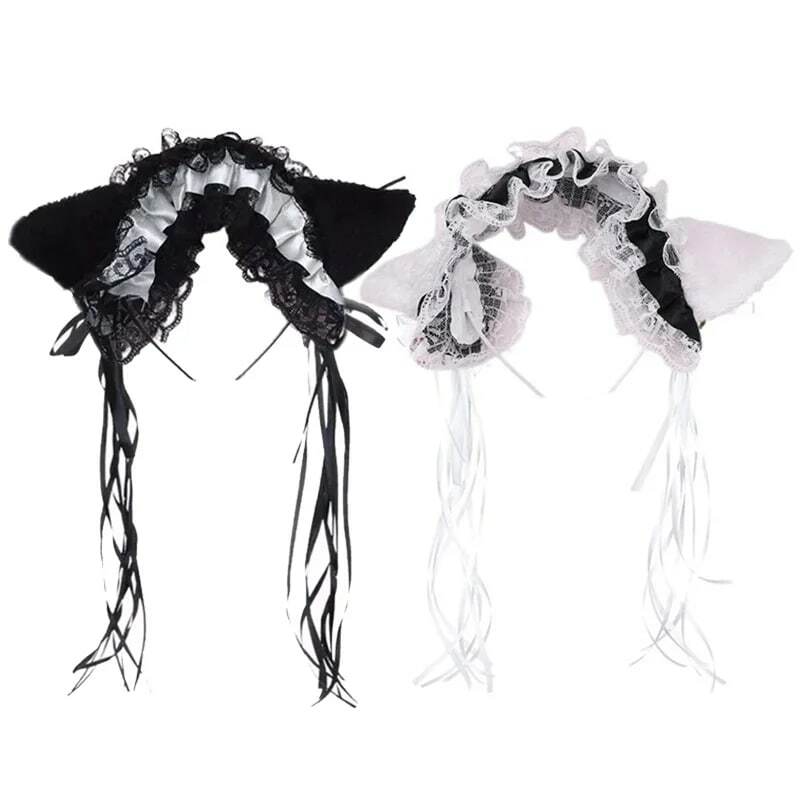Gothic Lolita ผู้หญิง Ruffles ลูกไม้ Headband ตุ๊กตาแมวริบบิ้น Bell Lolita Cosplay Hair Hoop