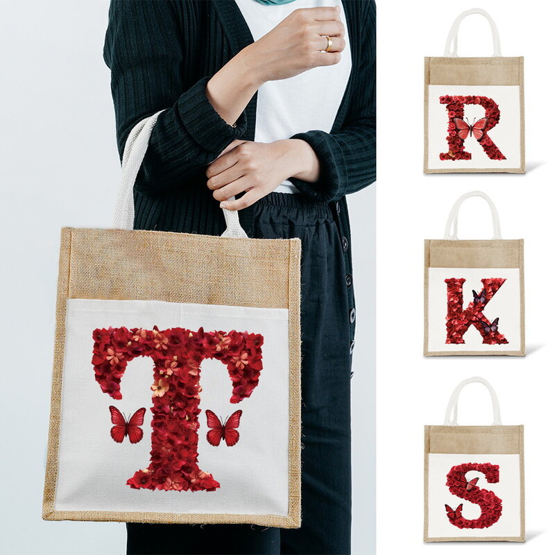 Bolsa de almacenamiento para artículos de viaje, bolsas de cáñamo de imitación de yute Simple, bolsas de algodón de moda, Serie de patrón de rosa roja