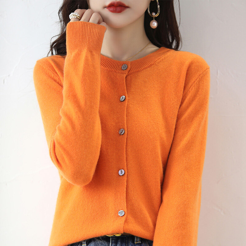 女性用ウールカーディガンセーター,ラウンドネックのゆったりとした長袖ニットセーター,無地,韓国版,22春と秋用
