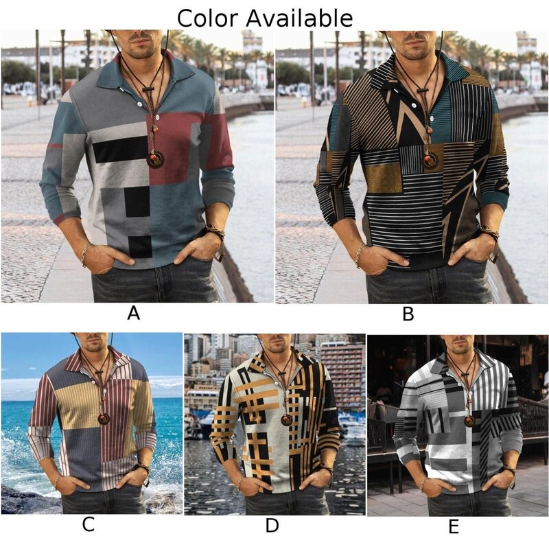 Lapel Neck Athletic Pullover Blouse  Men Print Long Sleeve ButtonDown TShirts  Casual and Sporty  Polyester Fabric