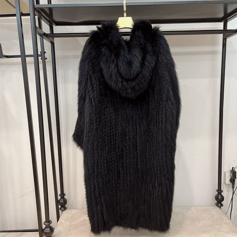 Abrigo de punto de piel de zorro Natural Real para mujer, chaqueta con capucha de manga larga de lujo de alta calidad, talla grande, caliente, invierno, 2023