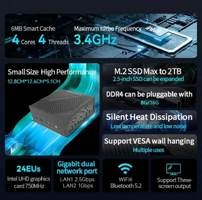 Мини-ПК FIREBAT AM02, процессор Intel N100, 4 ядра, 4 потока, настольный компьютер 8 Гб 16 Гб 256 ГБ 512 ГБ DDR4 WIFI6 BT5.2 HDMI RJ45 Мини ПК