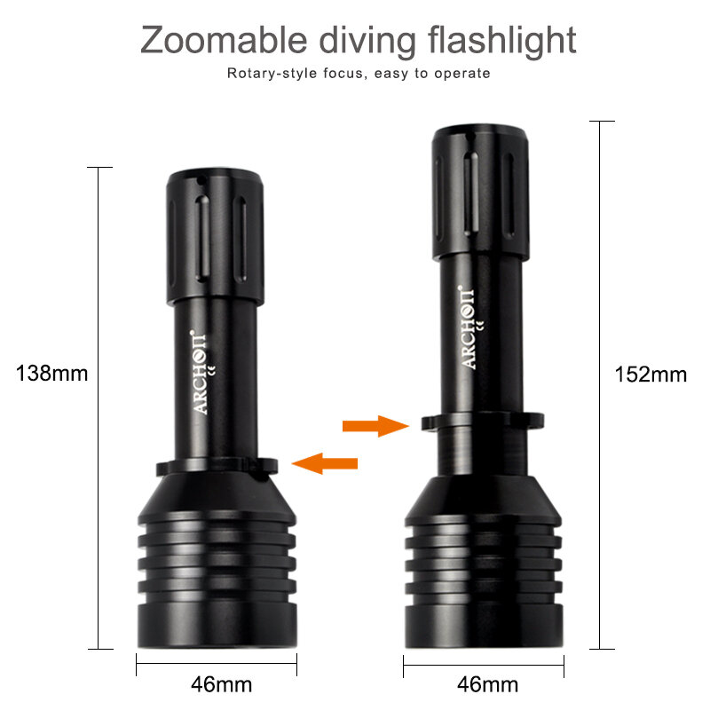 D10u Zoombaar Duiklicht 6500K Duikzaklamp Onderwater Waterdicht 60M Variabele Focus Duikzaklamp Duikverlichting Zaklamp