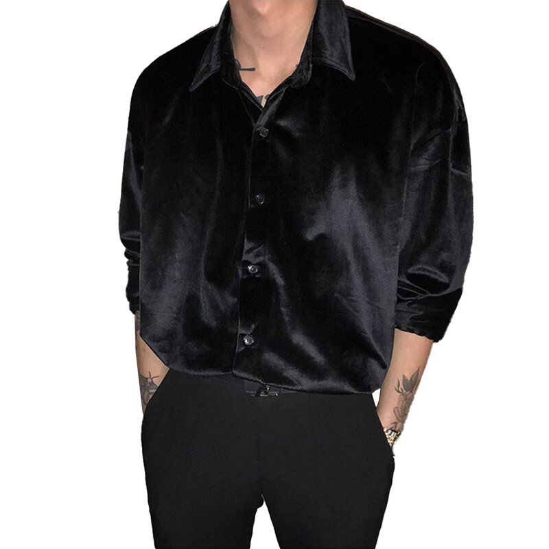 Blusa de manga larga de terciopelo Retro para hombre, camisa holgada con botones, cuello de banda, color negro/rojo vino, Ideal para vestido de fiesta