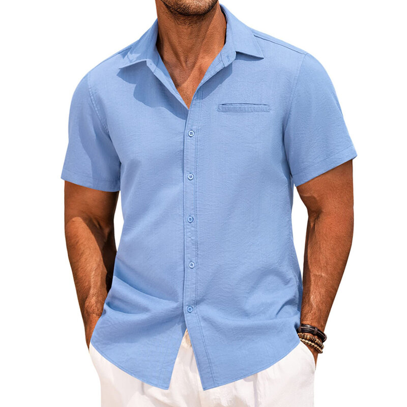 Camicie a maniche corte da uomo in cotone e lino vendita calda estate tinta unita colletto rovesciato stile spiaggia Casual Plus Size