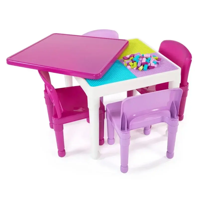 ชุดโต๊ะกิจกรรมพลาสติกสำหรับเด็กแบบ2-in-1และเก้าอี้4ตัวสีขาวสีชมพูและสีม่วง