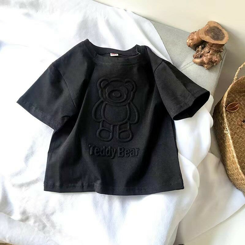 Atasan Gambar Beruang Lucu Kaus Baju Baru Musim Panas Anak Laki-laki Perempuan Atasan Warna Polos Kaus Pullover Leher Kru Longgar Tipis Kasual untuk Anak-anak
