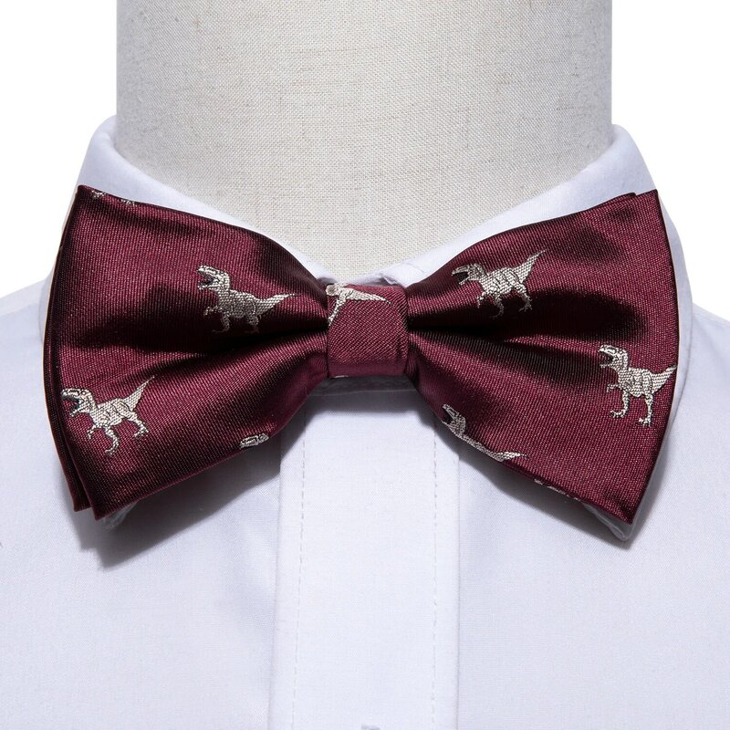 Conjunto pré-gravata borboleta Barry Wang para homens, seda vermelha dinossauro, feito à mão, gravata borboleta, abotoaduras de lenço, festa de negócios, novidade, moda