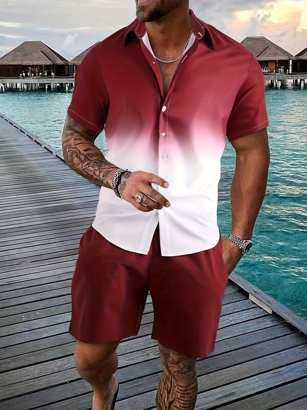Set di camicie da uomo estive stampa 3D strisce graduate camicia Casual a maniche corte pantaloncini da spiaggia oversize abiti da uomo hawaiani abbigliamento
