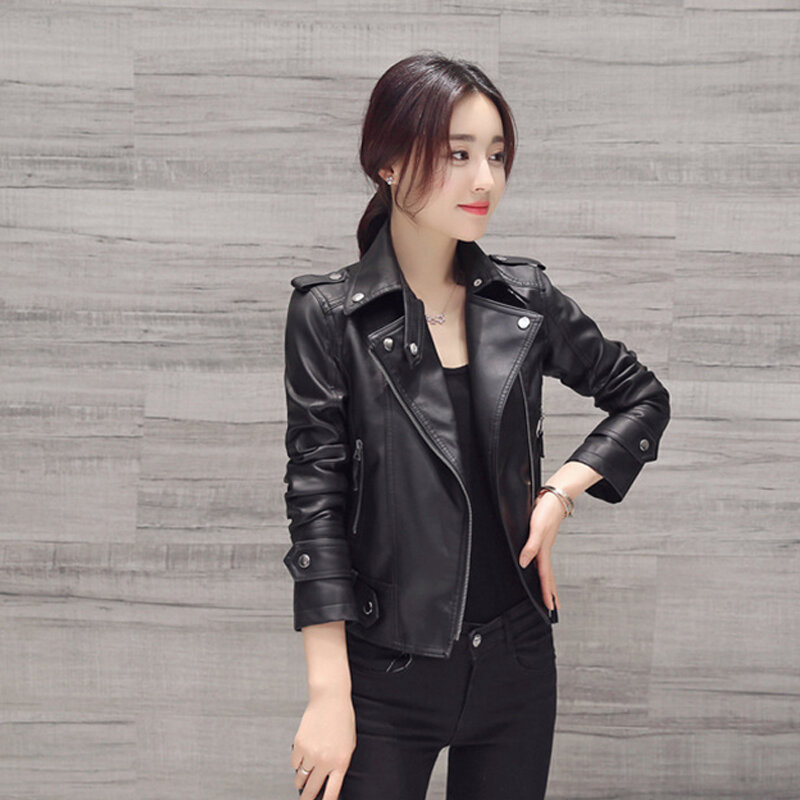 Осенне-зимнее женское короткое кожаное пальто, Корейская облегающая черная мотоциклетная кожаная куртка, женская верхняя одежда на молнии, куртка, женская одежда