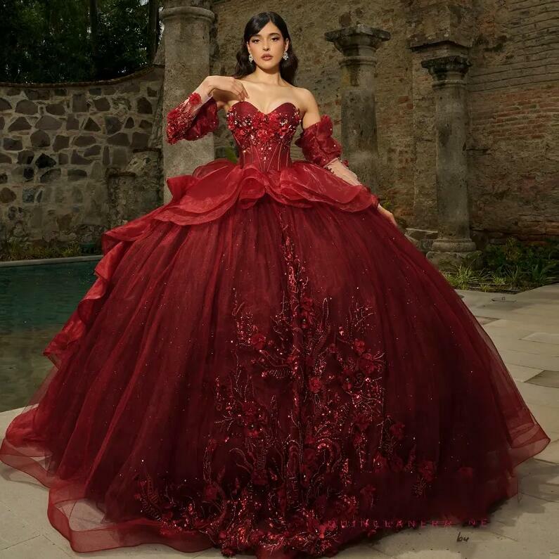 Burgundy Sparkly Quinceanera Dresses 2024 Formal Luxury Party Beading Lace Appliques Sweet 15 Dress Graduation Ball Gwon Prom