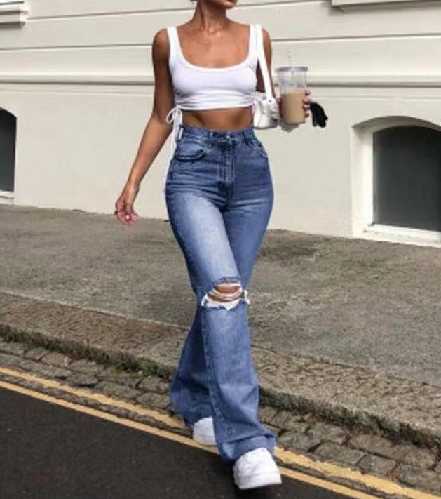 Women's Jeans 2023 Personalized Trendy Fashion Street Ripped High-Waisted Straight Wide-Leg Floor-Length Denim Pants Long Pants