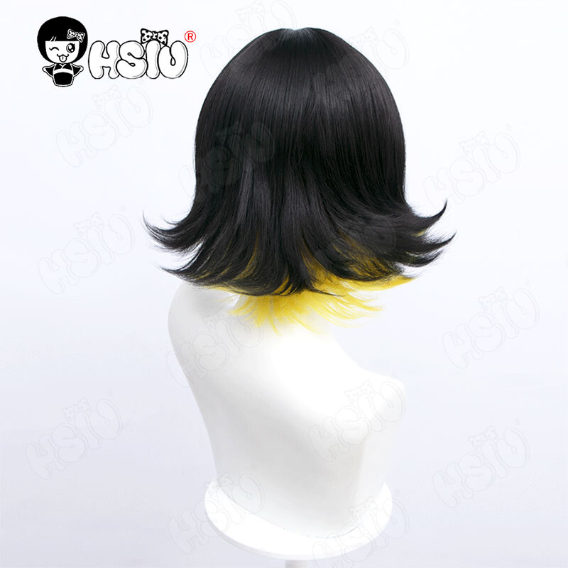 Wig serat Cosplay 95% Meguru, wig sintetis Anime, Cosplay kunci biru merk HSIU 」 warna hitam berlapis kuning rambut pendek + topi Wig