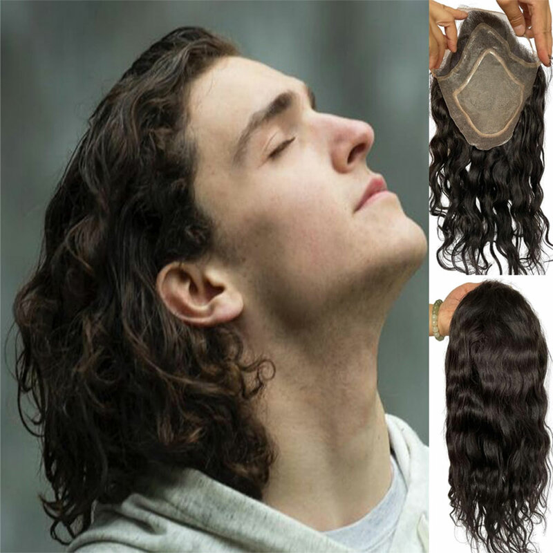 Парик для мужчин с длинными волосами, 12 дюймов, натуральные волны, 100% натуральные человеческие волосы, сменная система для мужчин, базовый размер 10 х8 дюймов, натуральный черный цвет