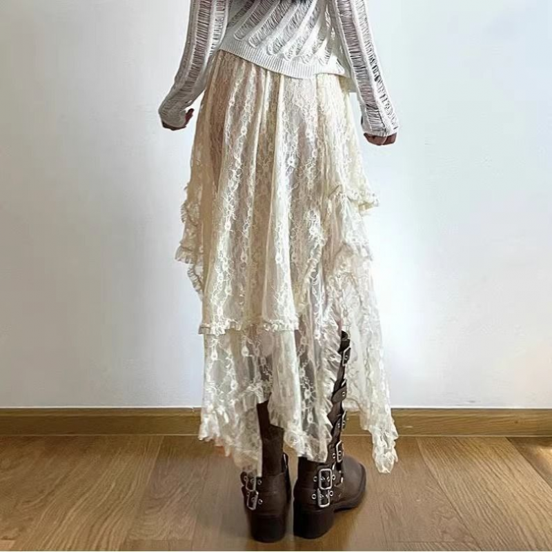 Asymmetrical Lace Mid Skirts Women Summer Soft All-match Streetwear Y2k Trendy Korean Style Loose Ladies Party Boho Aesthetic
