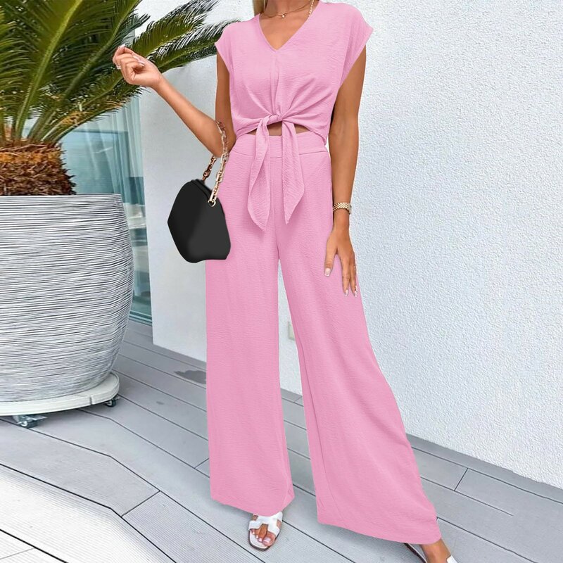Women Top Pants Suit Elegant Lace-up Knot Women's Top Pants Set for Office Wear V Neck Short Sleeves Solid Color High for Women