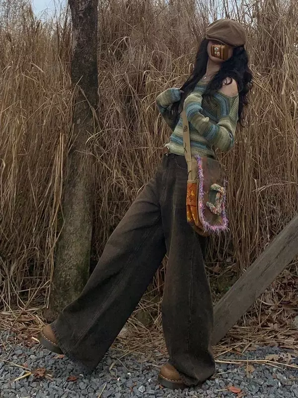 Deeptown Harajuku maglione lavorato a maglia con spalle scoperte donna maglione a righe verdi Vintage Fairycore Slim set di due pezzi Y2K top E-girl