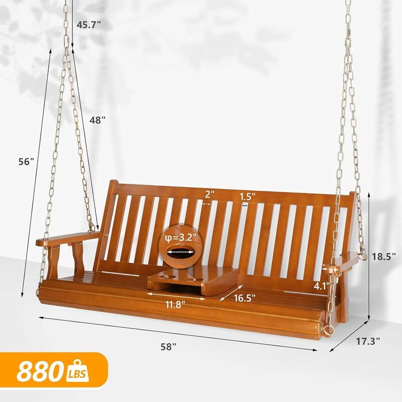 Heavy Duty 880 LBS Wooden Patio Porch Swing with Cup Holder, Outdoor Swing Chair Bench with Adjustable Chains for Porch