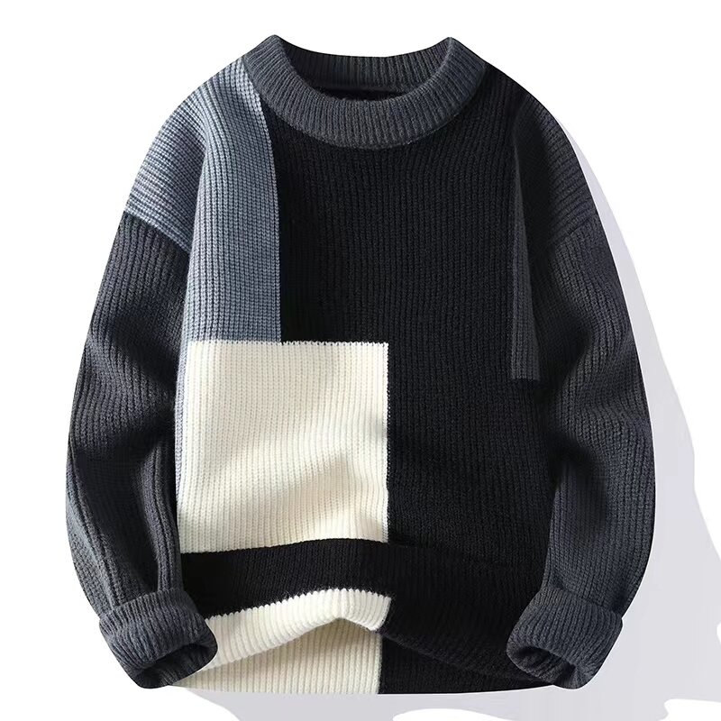 2023 Autumn Winter New Round Neck Sweater Casual Knitwear Fashion Men's Contrast Bottom Geometric Pattern Pullover Top