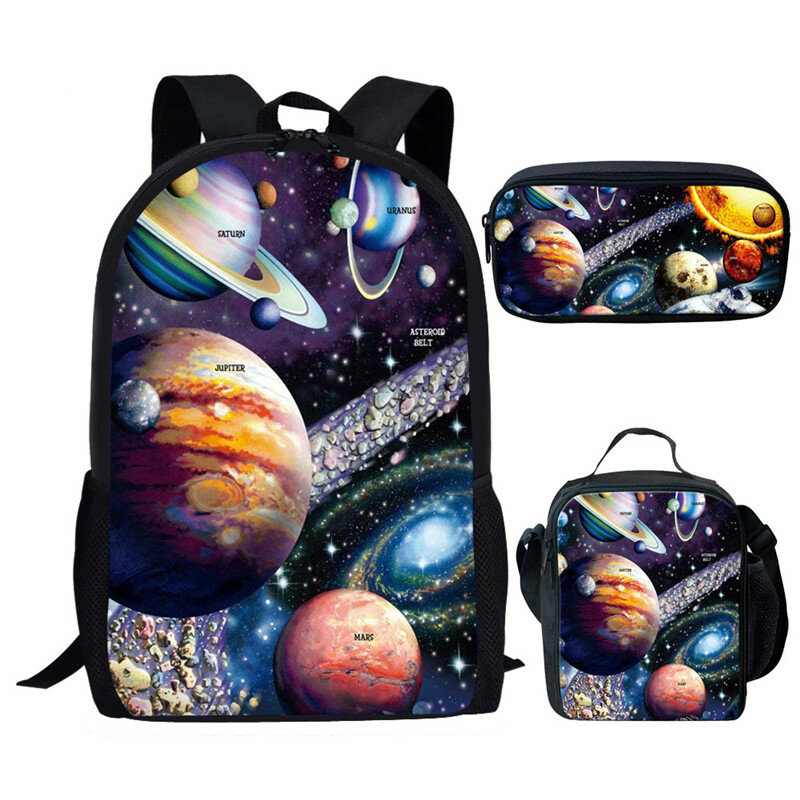 Space Planet กระเป๋านักเรียนพิมพ์ลาย3D 3ชิ้นสำหรับเด็กหญิงเด็กชายกระเป๋าเป้สะพายหลังแบบลำลองสำหรับเด็กกระเป๋านักเรียนกระเป๋าใส่ดินสอกระเป๋าใส่ข้าวกลางวัน