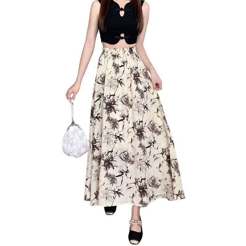 Summer Chiffon Skirt Printed Large Hem Skirt A-line Elastic Waist Long Skirt