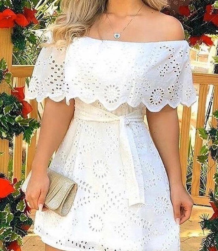 New Women's Off Shoulder Waist Strap Solid Color Midi Skirt Summer Casual Beach White Short Sleeve Pullover Hollow Out Dress