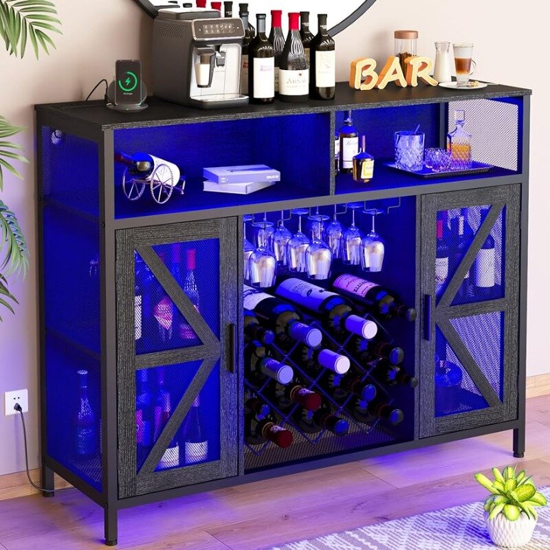 LEDWine Cabinet Home Bar Cabinets with Power Outlets,Coffee Bar Cabinet Liquor Cabinet for Glasses,Black Buffet TV Stand