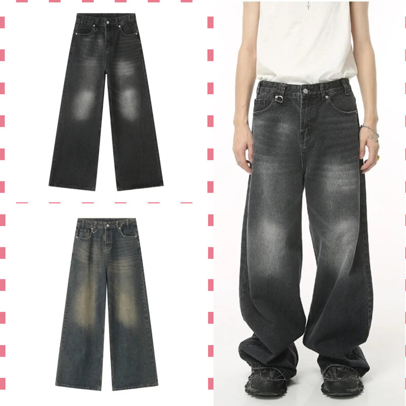Streetwear Y2k Jeans hitam longgar pria, celana Denim kaki lebar, celana lurus Hip Hop Harajuku gaya Vintage baru