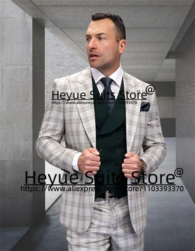 2024New Office Work Plaid Men Suits Slim Fit Peak Lapel Groom Party Tuxedos 3Pieces Sets High Qublity Male Blazers Costume Homme