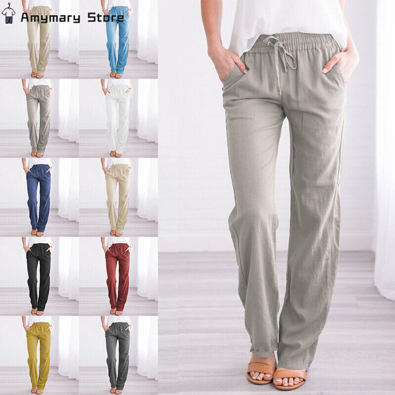 Женские брюки, женские прямые Однотонные эластичные брюки, длинные брюки из хлопка и льна, женские повседневные брюки