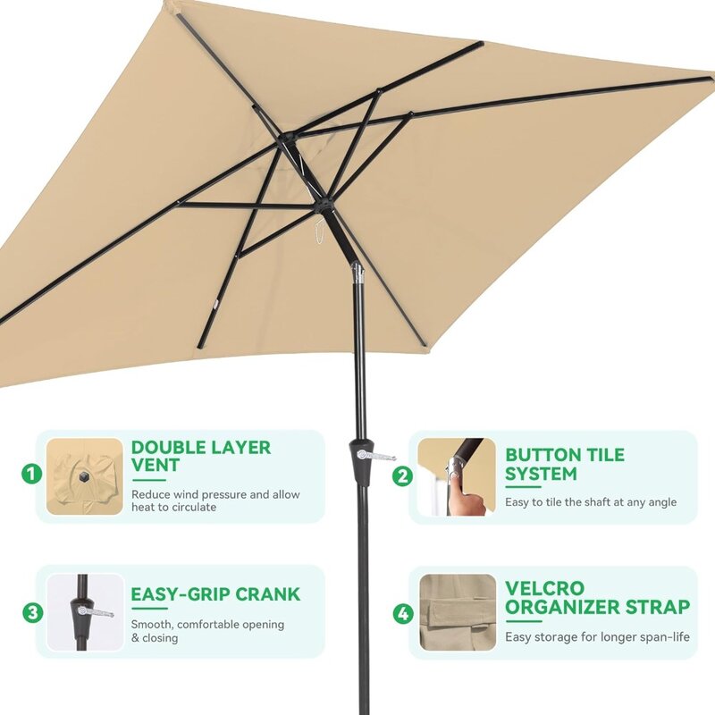 Ombrellone rettangolare da esterno 6.6x10 piedi, ombrellone da tavolo con pulsante inclinabile e manovella, robusti ombrelloni da mercato