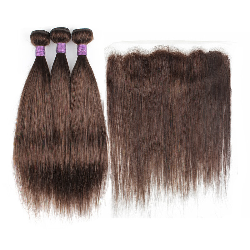 Темно-коричневый, 3 искусственных волоса с фронтальной сеткой 220 г/партия, цвет #2, прямые индийские человеческие волосы Remy, 13x4, прозрачная фронтальная сетка