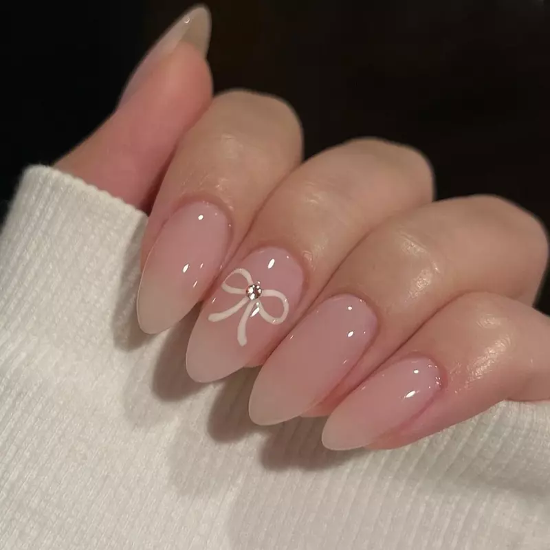 Bowknot Ribbon Pearl Rhinestones Love Heart Press on Nails Japanese Korean Almond Shape Pink False Nail Detachable Fake Art Nail