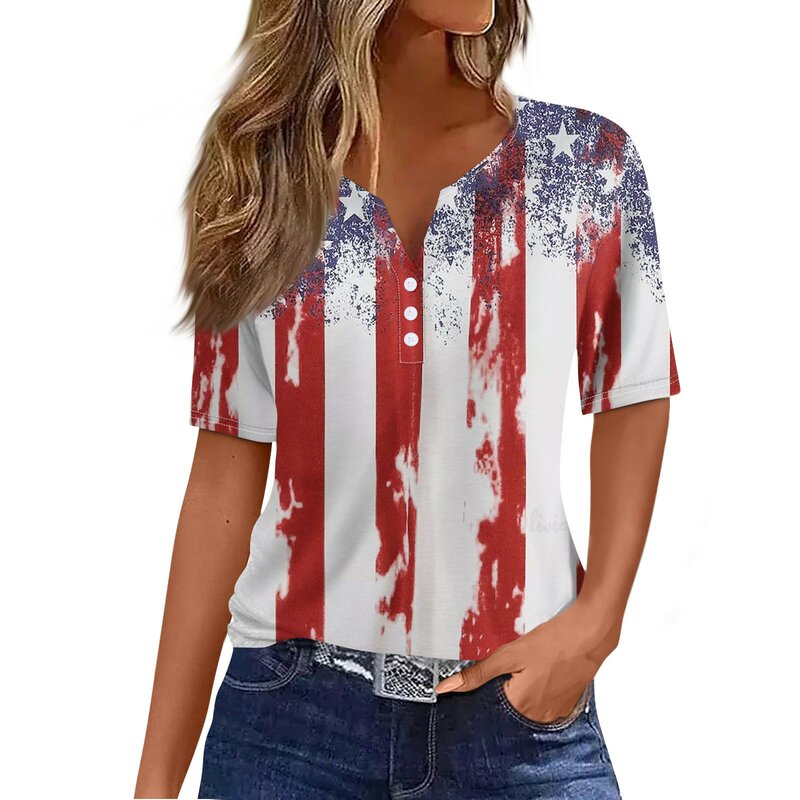 Camiseta de moda para mujer, camisa informal con estampado del Día de la independencia, cuello en V, manga corta, botón decorativo, Top