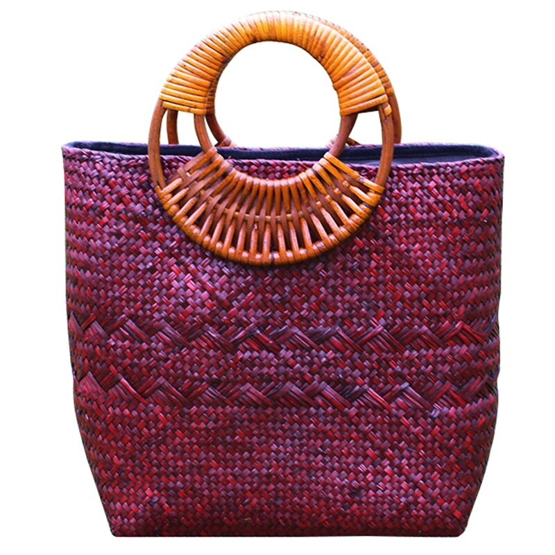 女性のための籐のハンドバッグ,手作りのビーチバッグ,織りのハンドル,休暇