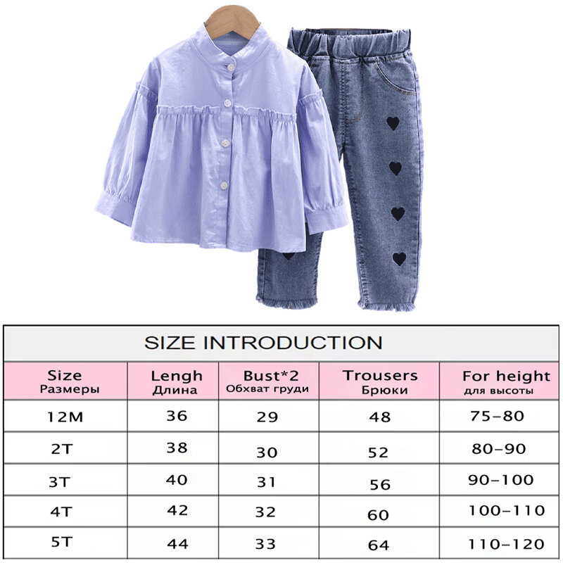 Camisa de manga comprida e jeans para meninas, conjunto de 2 peças, algodão sólido, terno para crianças de 1 a 5, nova primavera