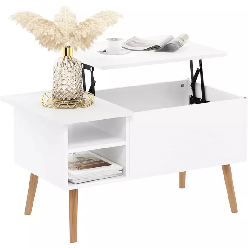 脚の木製コーヒーテーブル,収納棚,純粋な白,隠しコンパートメントとサイド開口部