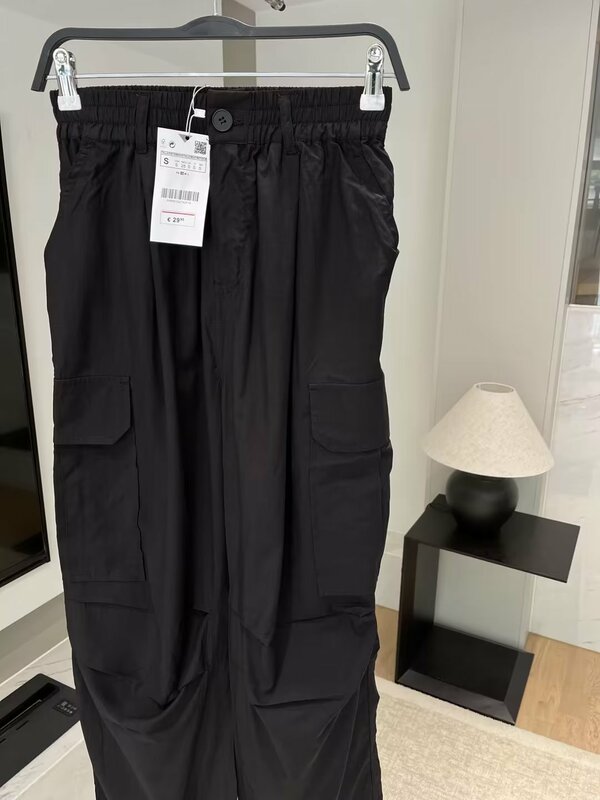 Women 2023 New Fashion Summer Black Soft Tooling Pants Vintage High Waist Pocket  Leisure Female Trousers Mujer