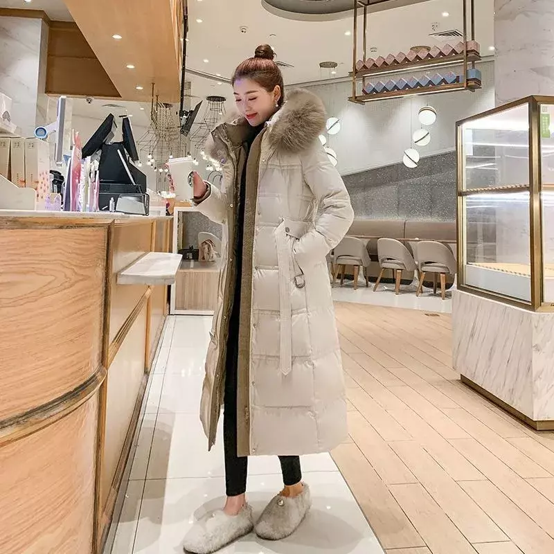 Mantel bulu bertudung wanita, mantel parka versi panjang Sedang tebal hangat ramping pas badan Musim Dingin 2024