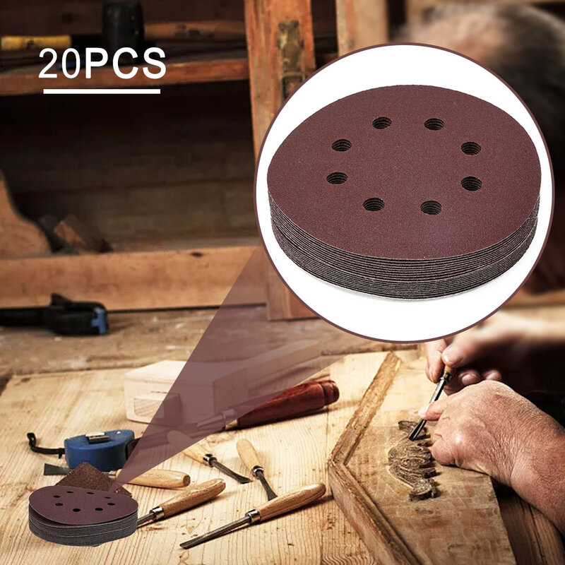 Ferramentas Abrasivas de Discos de Lixa de 8 Furos, Lixa Redonda, Gancho e Loop Grit, 40-2000, 5 pol, 125mm, 20PCs