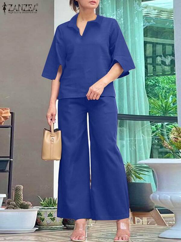 ZANZEA Women Wide Leg Pant Sets Casual Everyday Half Sleeve Tops Elastic Waist Trousers Suits Summer City Commute 2pcs Outfits
