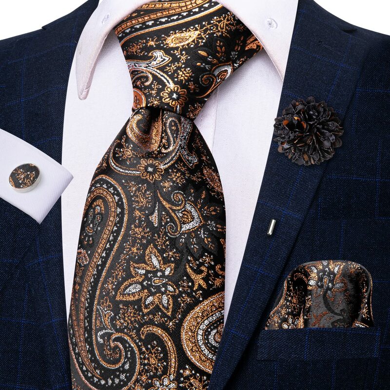 2023 baru emas hitam bunga sutra dasi bisnis Hi-Tie desainer pria dasi mewah 8.5cm sapu tangan manset bros dasi pernikahan untuk pria