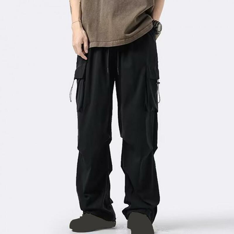 Men Straight Leg Pants Versatile Men's Cargo Pants with Multiple Pockets Drawstring Detail Elastic Waist for Wear Streetwear
