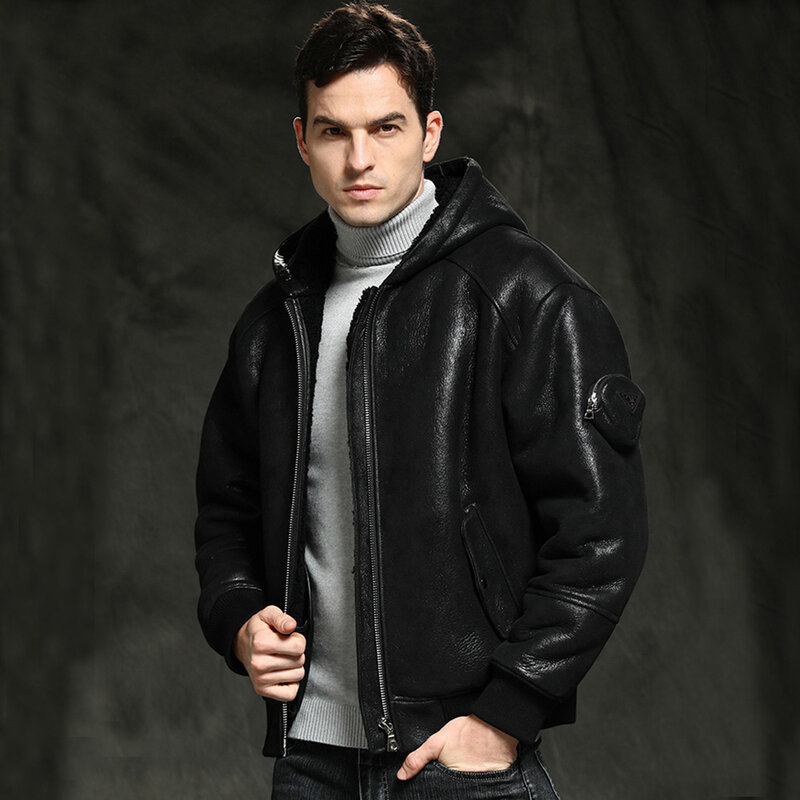 Luhayesa-メンズフード付き本物の毛皮のコート、シープスキンの服、暖かいカジュアルジャケット、100% 本の革、新しい冬
