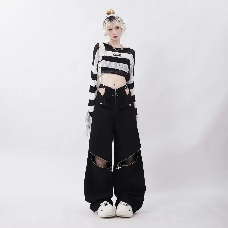 Calça casual vintage feminina com corrente oca, design único, calça comprida para senhora, moda de rua hip-hop, moda