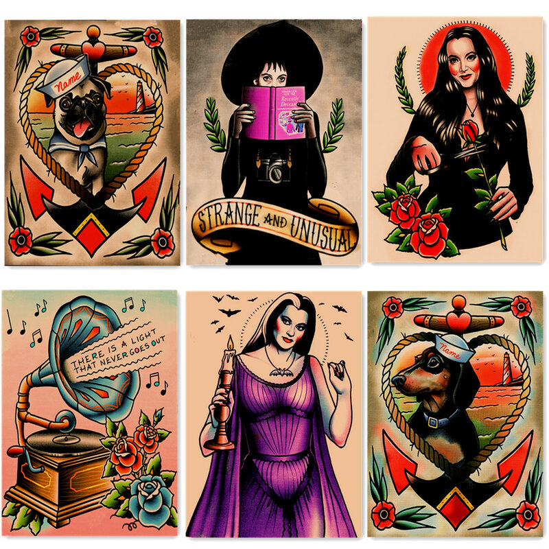 Уникальные винтажные постеры и принты из крафт-бумаги, предназначенные для любителей татуировок-6 шт. художественной живописи с татуировками, украшение для дома