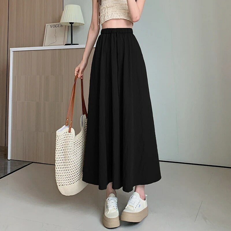 Real Photos Midi Long Skirt Women 2024 Summer Fashion Folds Solid A Line High Elastic Waist Mid-length Skirt With Pockets