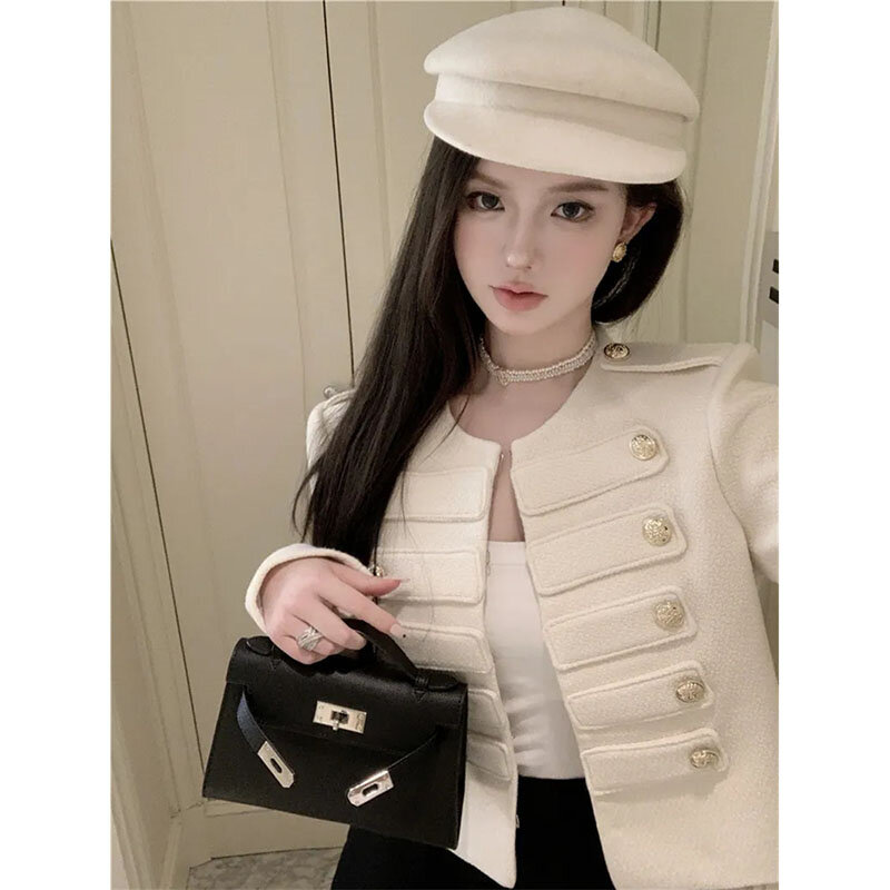 White Short Jacket Women's Spring Autumn Coat 2024 New Design Long-Sleeved Top Fashion Button Cardigan Outwear Female