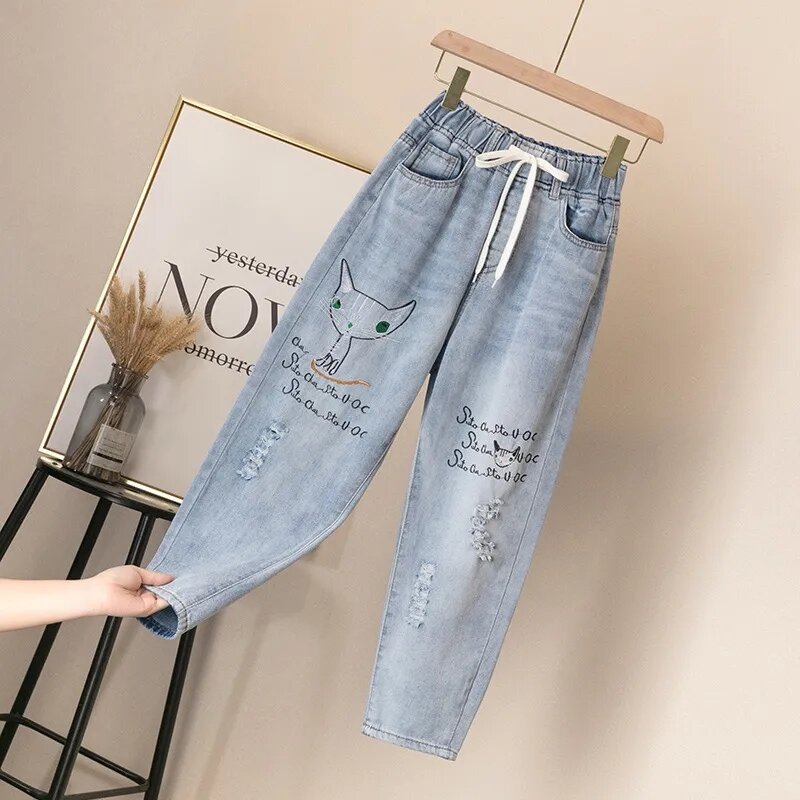 Cartoon Embroided Harem Jeans Womens Denim Pants Lace Up Spodnie Straight Ripped Vaqueros High Waist Cropped Pants Large Size