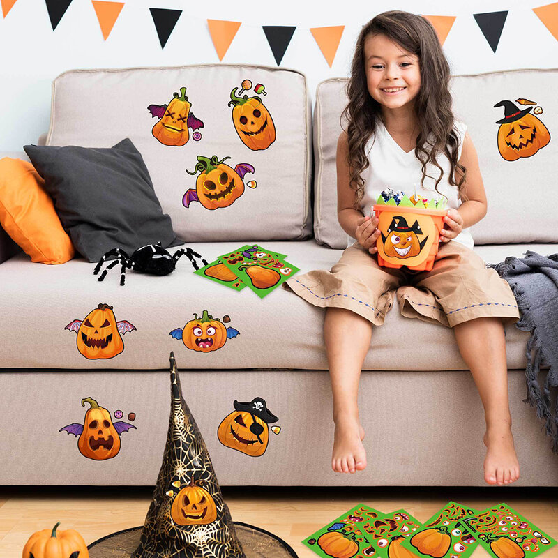 8/16Sheets Make a Face Halloween Puzzle Stickers Toy DIY Pumpkin Assemble Jigsaw Kids Educational Game Gift Children Party Favor
